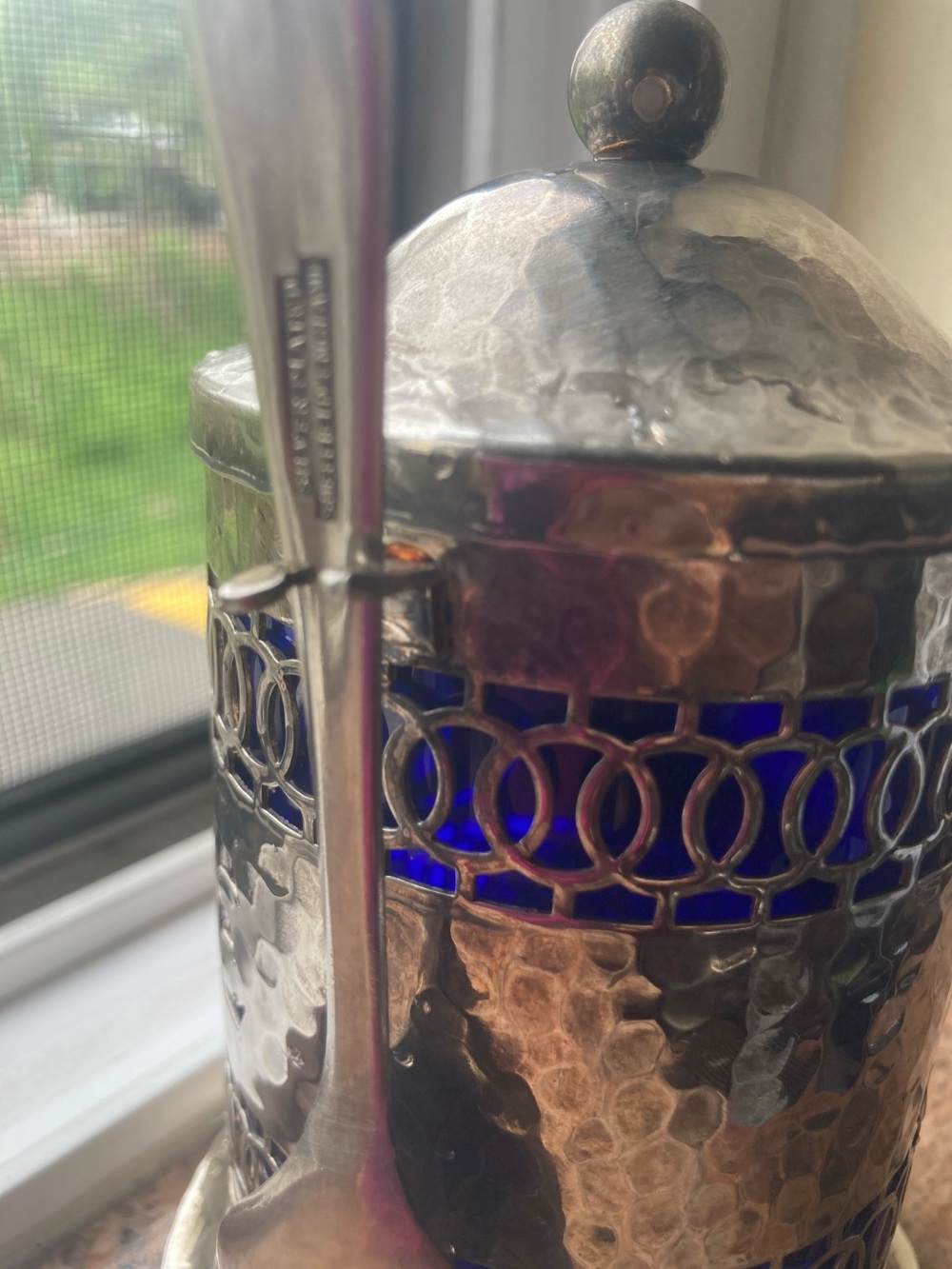 Hammered Silver Coffee Canister with Cobalt Blue Insets - Picture 9 of 12
